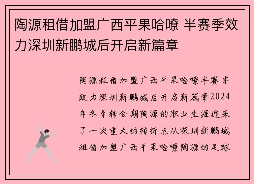 陶源租借加盟广西平果哈嘹 半赛季效力深圳新鹏城后开启新篇章